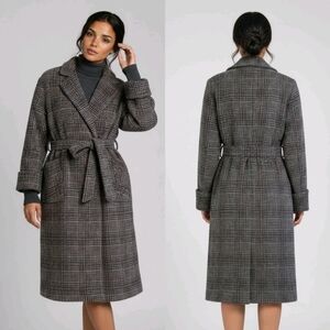 Zara Woman Wrap Coat XS Brown Check Plaid Long Belted Lined Manteco Wool Blend